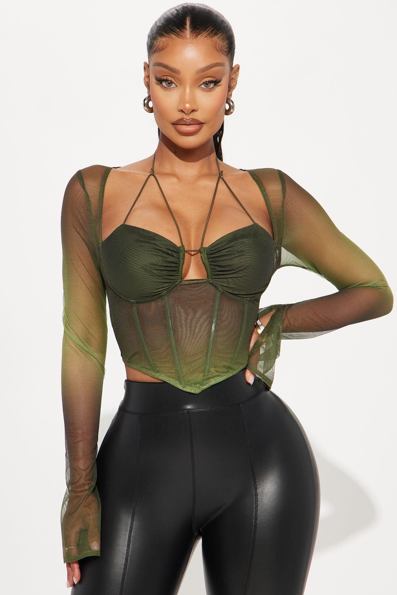 Mina Mesh Corset Top - Olive Product Image