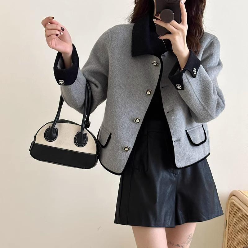 Collared Contrast Trim Button-Up Crop Jacket Product Image