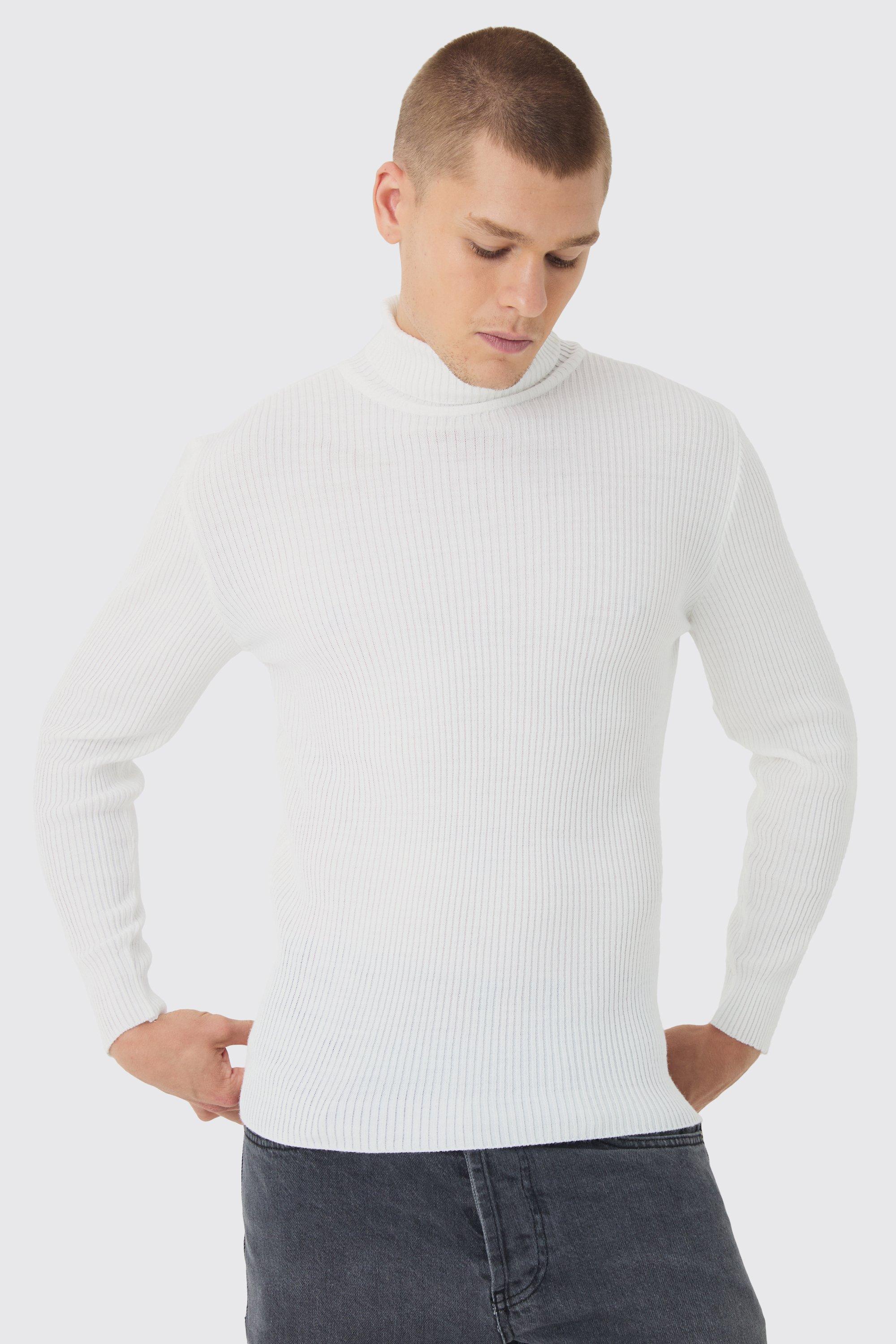 Muscle Fit Ribbed Knit Roll Neck Sweater In White | boohooMAN USA Product Image