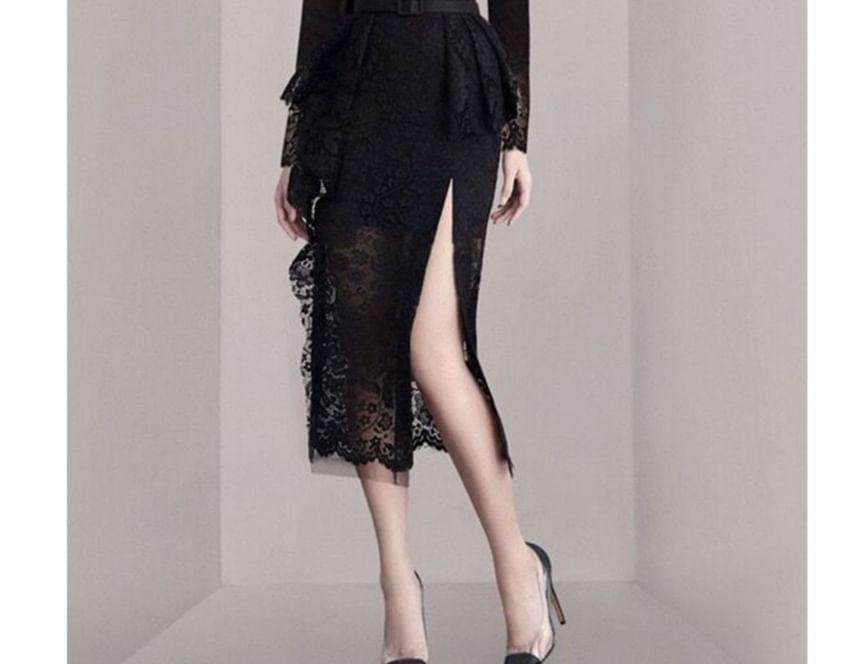 Long-Sleeve V-Neck Belted Slit Lace Midi Bodycon Dress Product Image