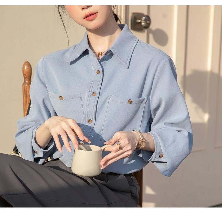 Long-Sleeve Plain Pocket Detail Shirt Product Image