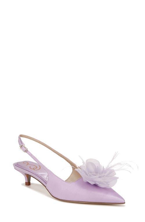 Sam Edelman Faye Satin Kitten Heel Slingback Sheer Flower and Feather Detail Pumps Product Image