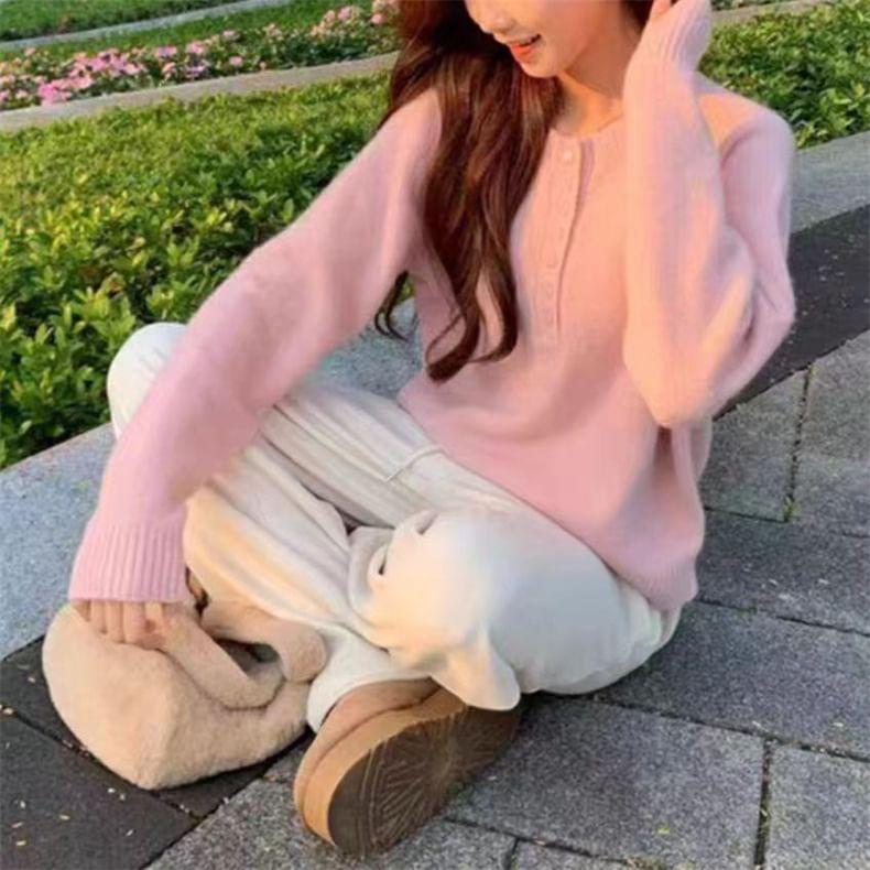 Crew Neck Henley Plain Oversized Sweater Product Image