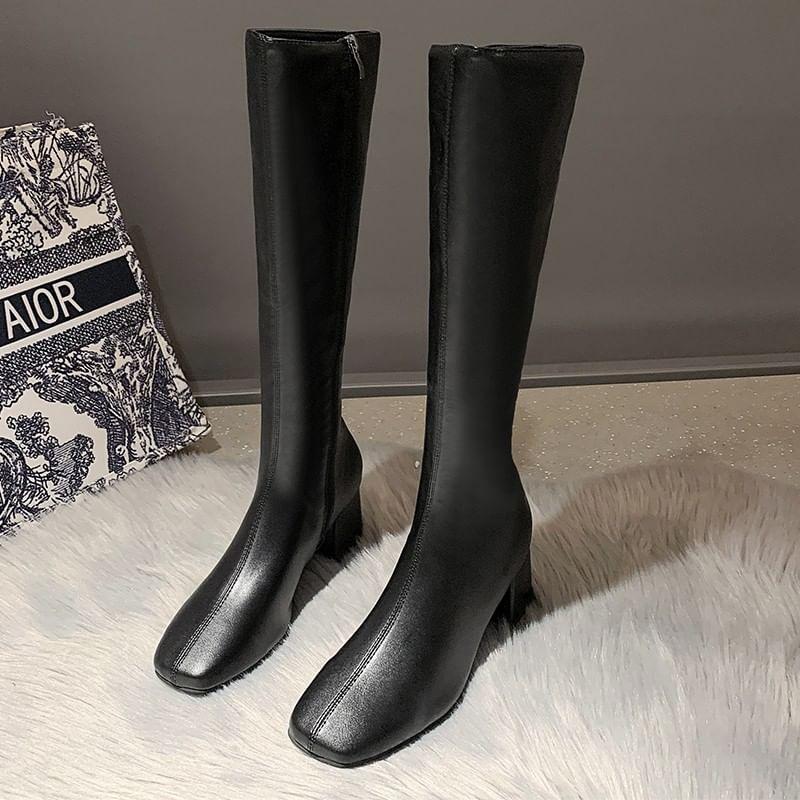 Square Toe Block Heel Knee High Boots Product Image