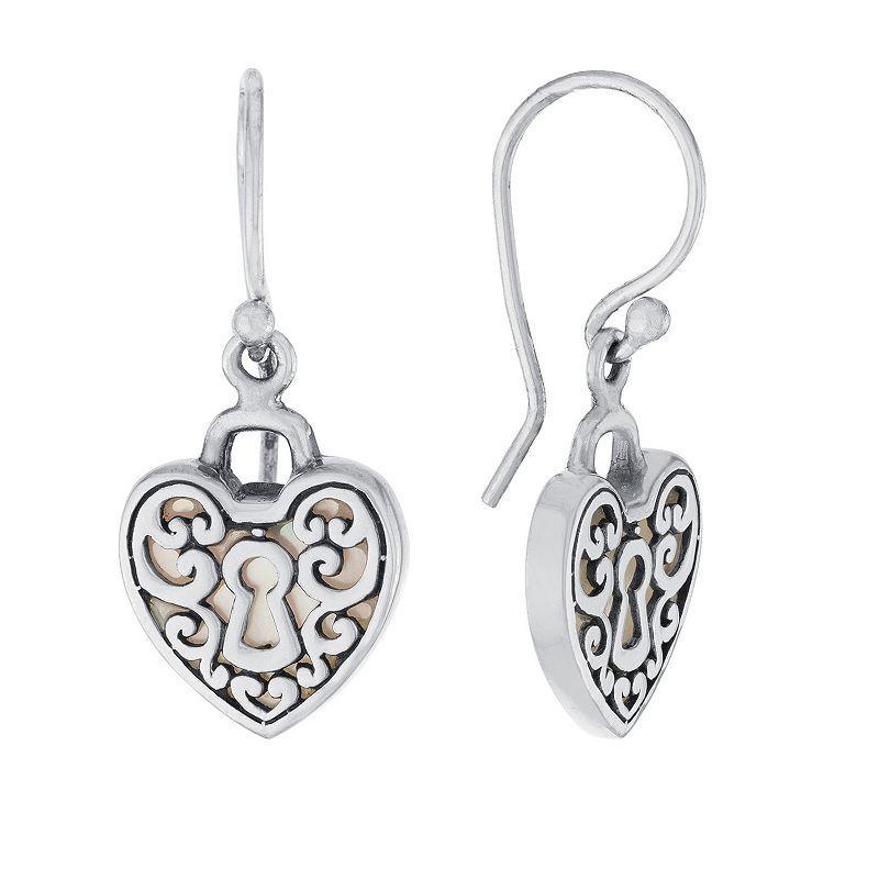 Main and Sterling Oxidized Sterling Silver Mother Of Pearl Heart Lock Drop Earrings, Womens, Silver Tone Product Image