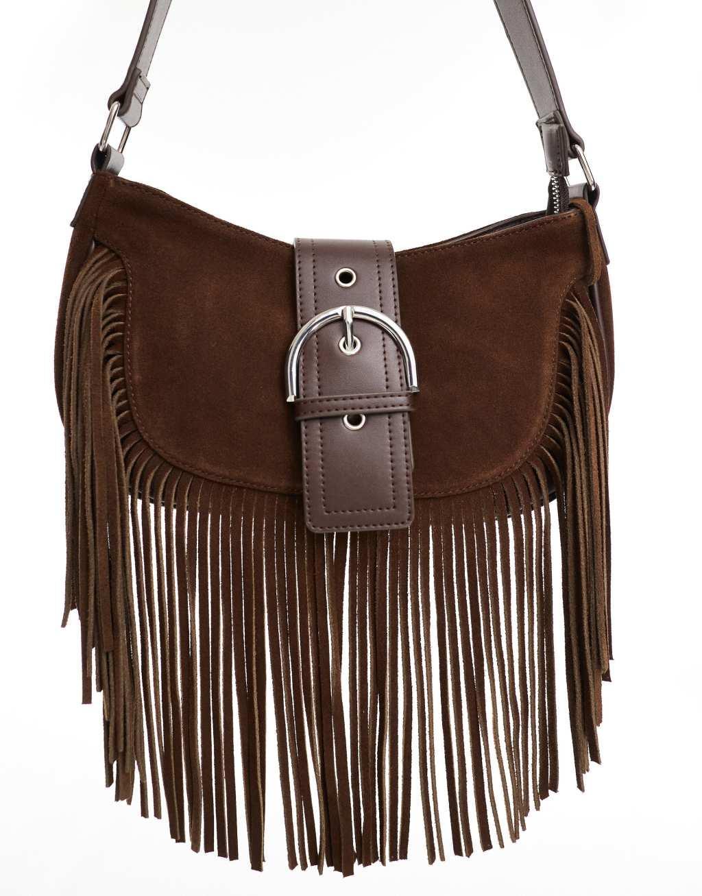 ASOS DESIGN suede tassel shoulder bag with buckle detail in chocolate Product Image