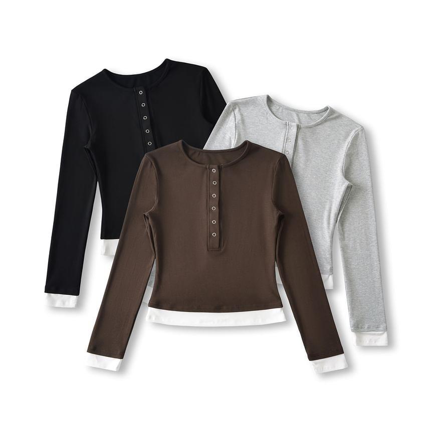 Mock Two-Piece Long-Sleeve Two-Tone Henley Tee Product Image