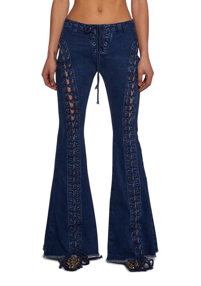 Flared Denim Lace Up Pants Jeans Current Mood - Blue Product Image