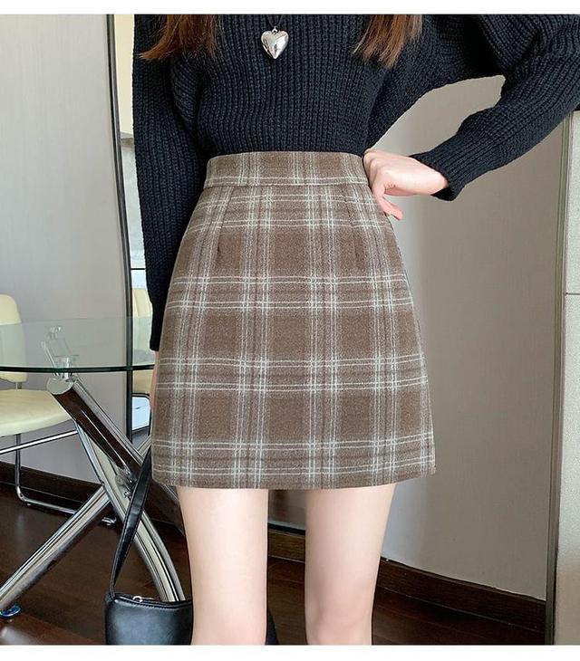 High Waist Plaid A-Line Mini Skirt Product Image