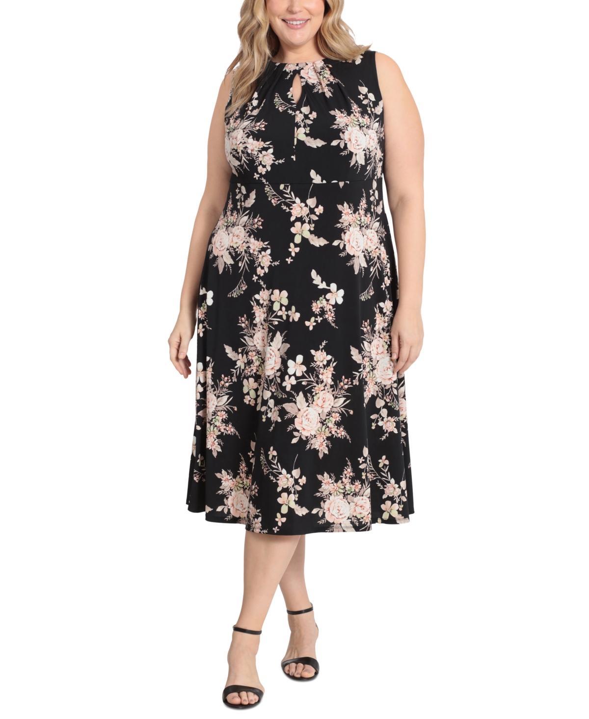 London Times Plus Size Floral-Print Keyhole Sleeveless A-Line Dress Product Image