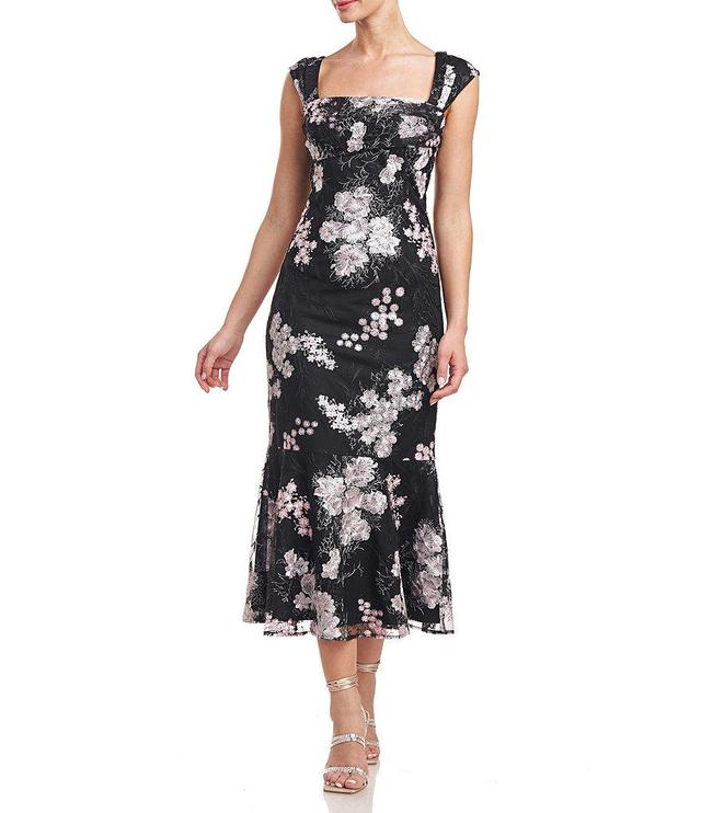 JS Collections Floral Embroidered Mesh Square Neck Cap Sleeve Midi Dress Product Image