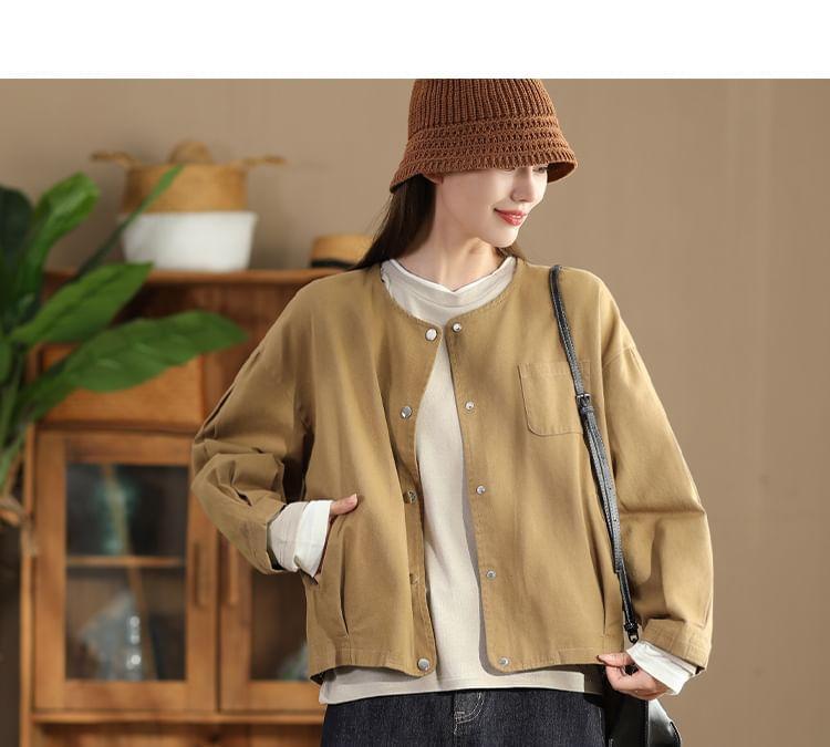 Round Neck Plain Button Jacket Product Image