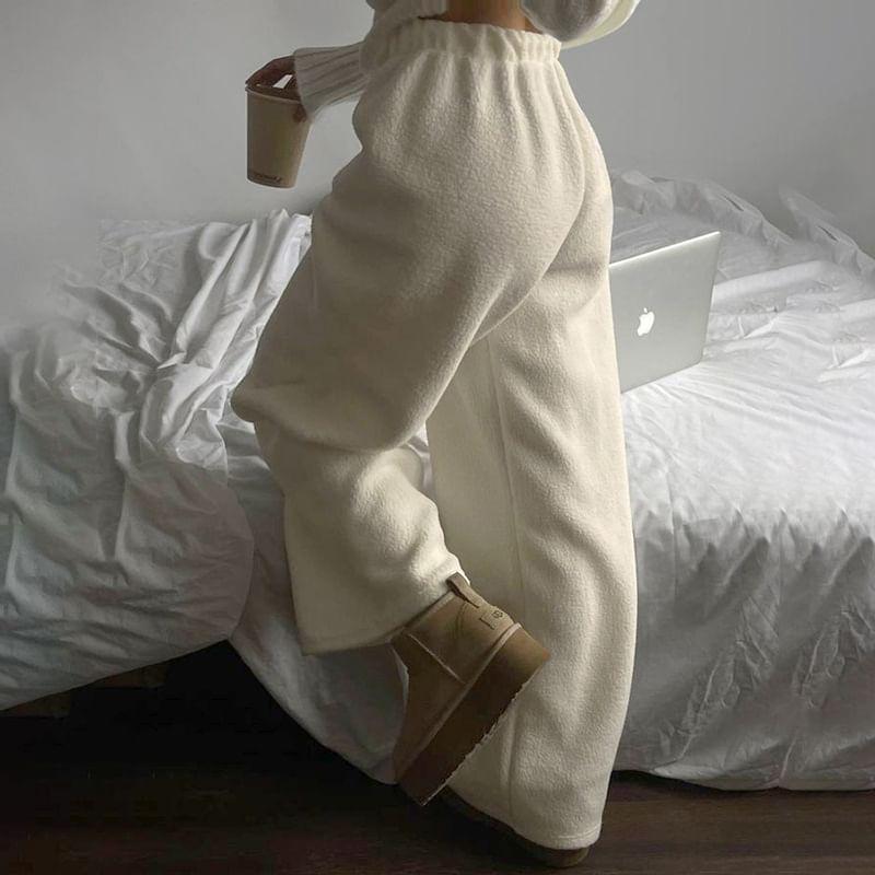 Drawstring Waist Plain Fleece Wide Leg Sweatpants Product Image