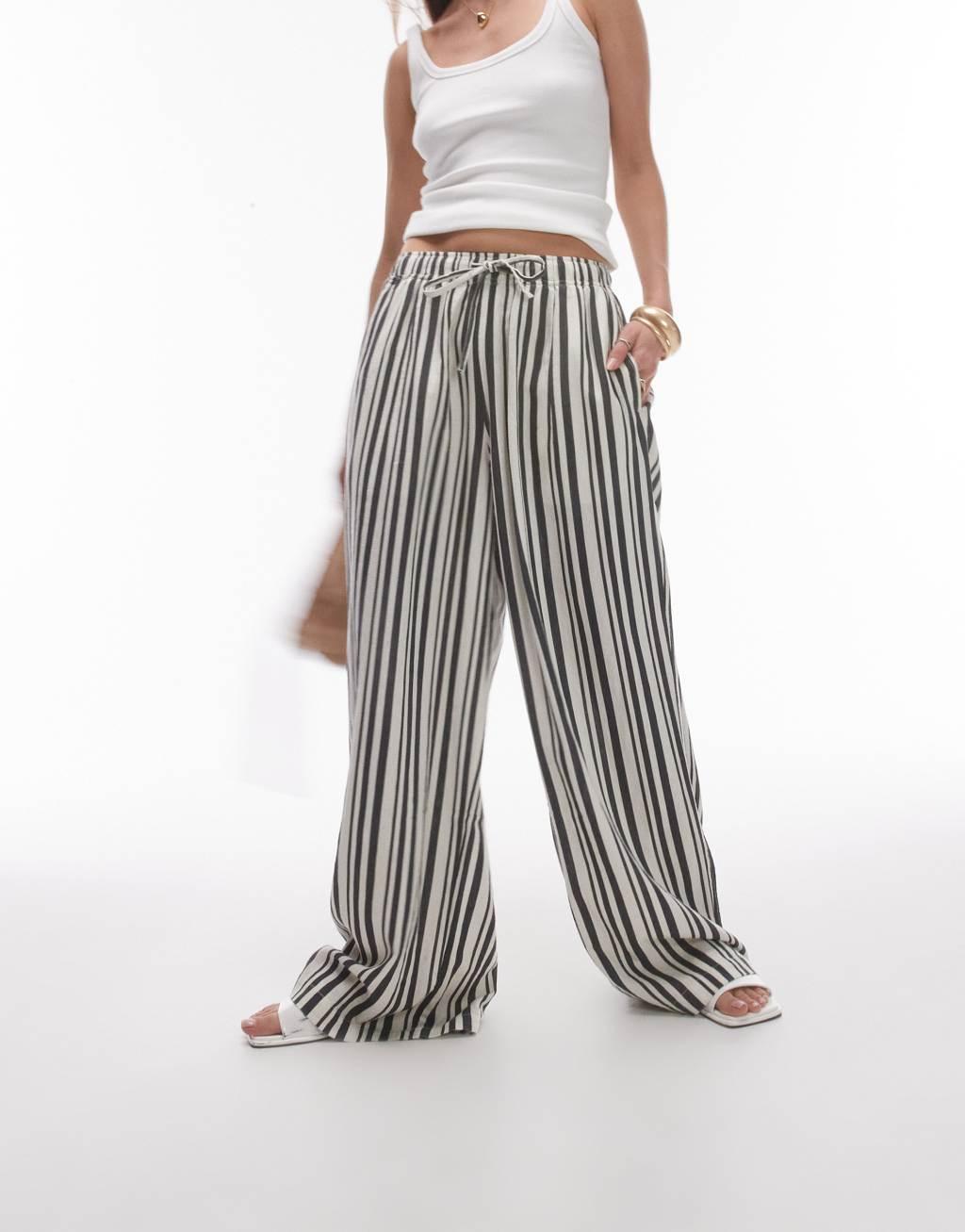 Topshop stripe linen wide leg pants in mono Product Image