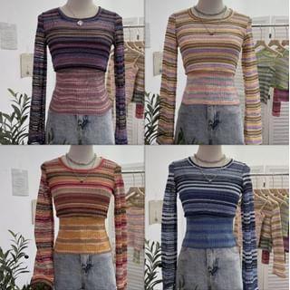 Set: Long-Sleeve Crew Neck Striped Perforated Crop Knit Top + Camisole Top Product Image