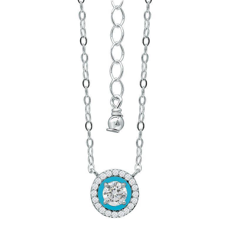 Aleure Precioso Sterling Silver Enamel & Cubic Zirconia Halo Pendant Necklace, Womens Blue Product Image