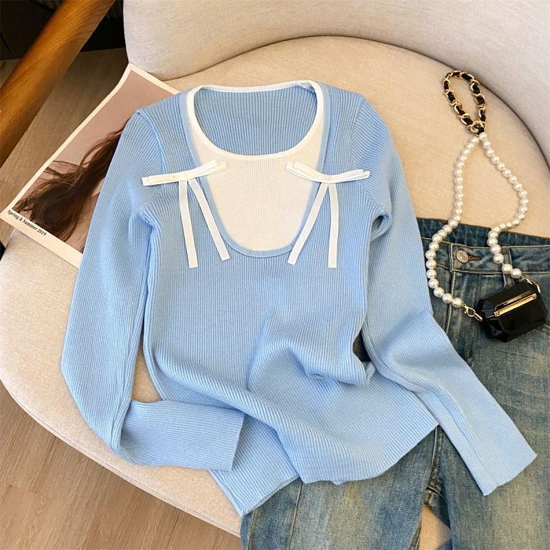 Long Sleeve Crew Neck Bow Mock Two Piece Ribbed Knit Top Product Image