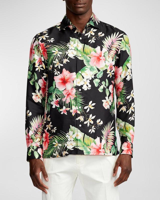 Mens Floral Silk Long-Sleeve Sport Shirt Product Image