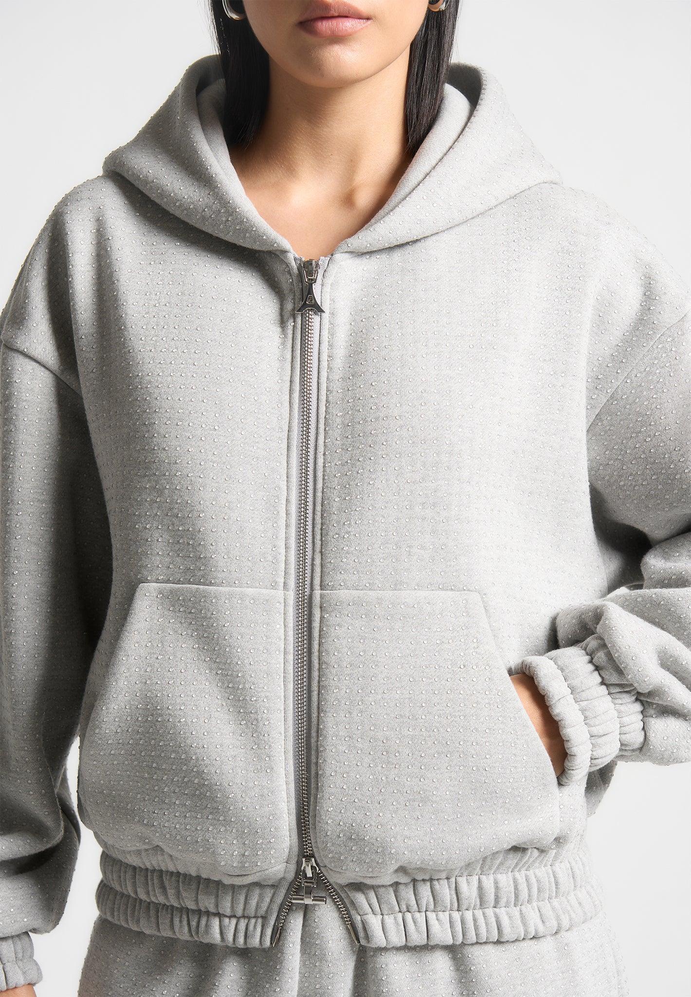 Rhinestone Zip Through Hoodie - Grey Female Product Image