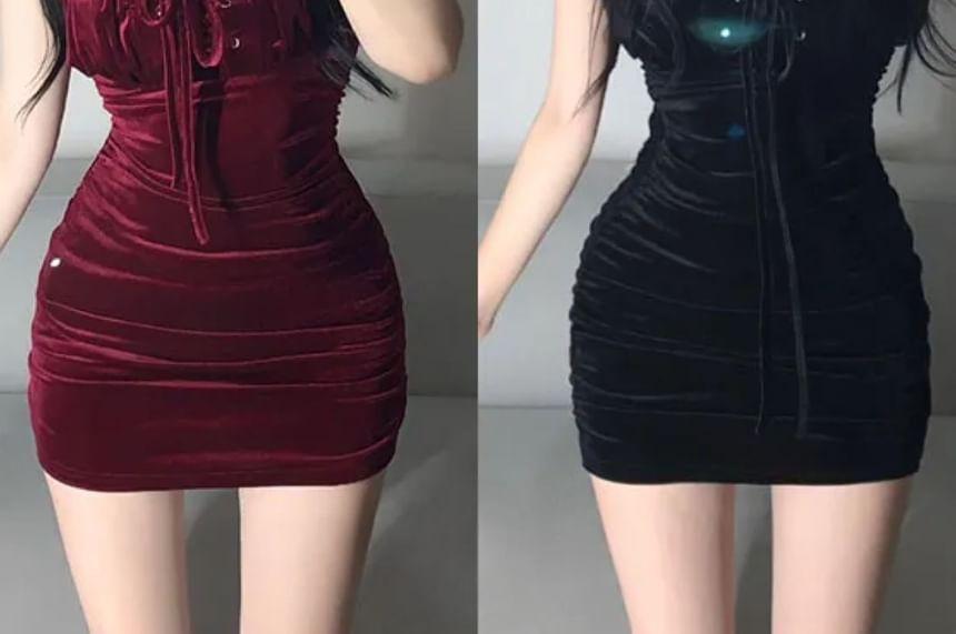 Two-Way Velvet Lace-Up Slim-Fit Halter Mini Dress Product Image