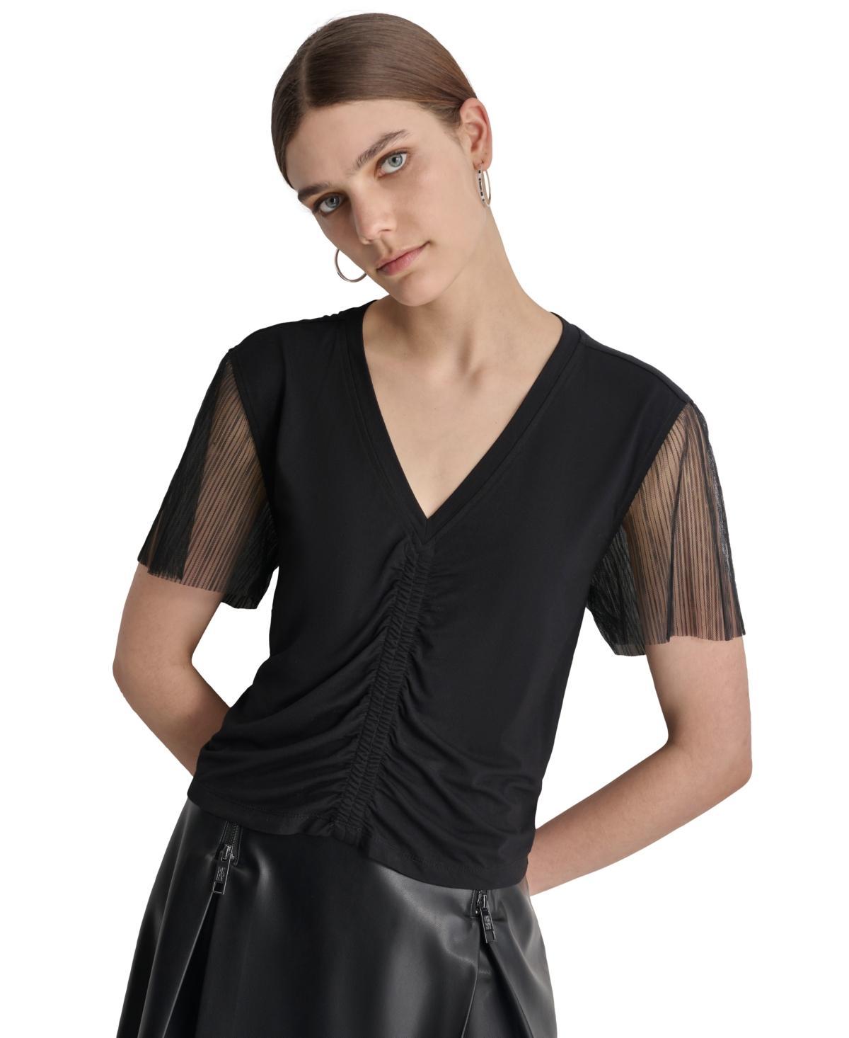 Dkny Womens Ruched Mesh-Sleeve Top Product Image