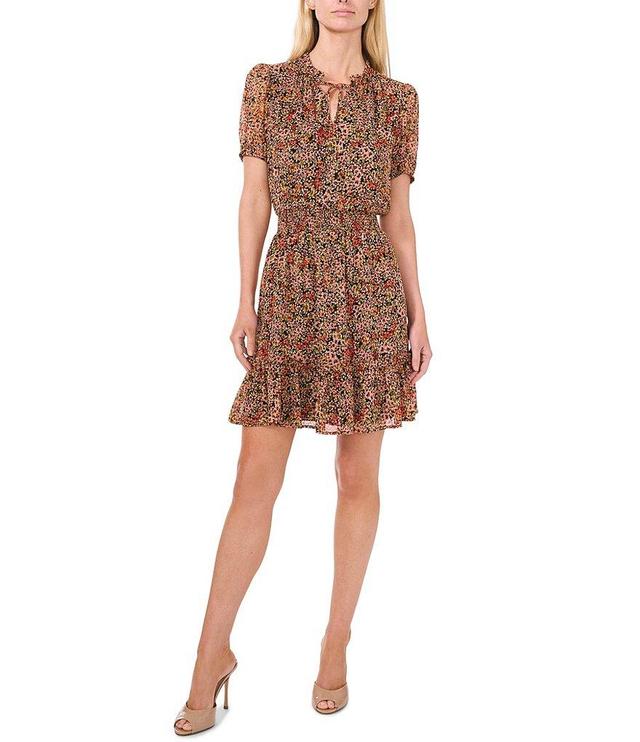 CeCe V-Neck Short Sleeve Floral Print Tie Front A-Line Dress Product Image