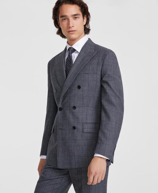 Calvin Klein Mens Slim-Fit Gray Plaid Wool-Blend Double Breasted Suit Separate Jacket Product Image