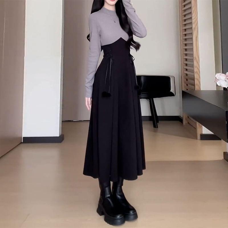 Long Sleeve Mock Neck Two Tone A-Line Midi Dress Product Image