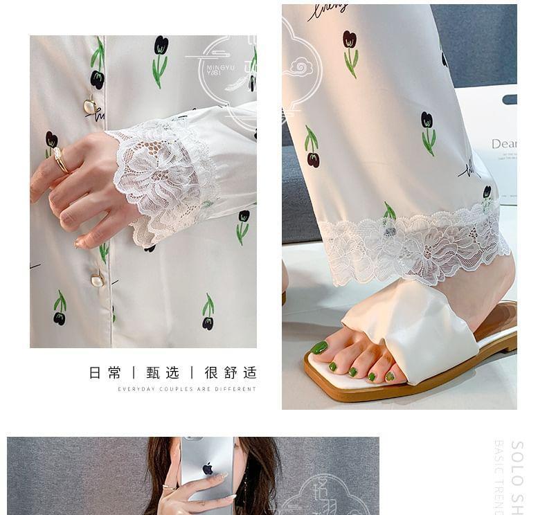 Pajama Set: Long-Sleeve Collared Floral Print Lace Trim Button-Up Top + Pants Product Image