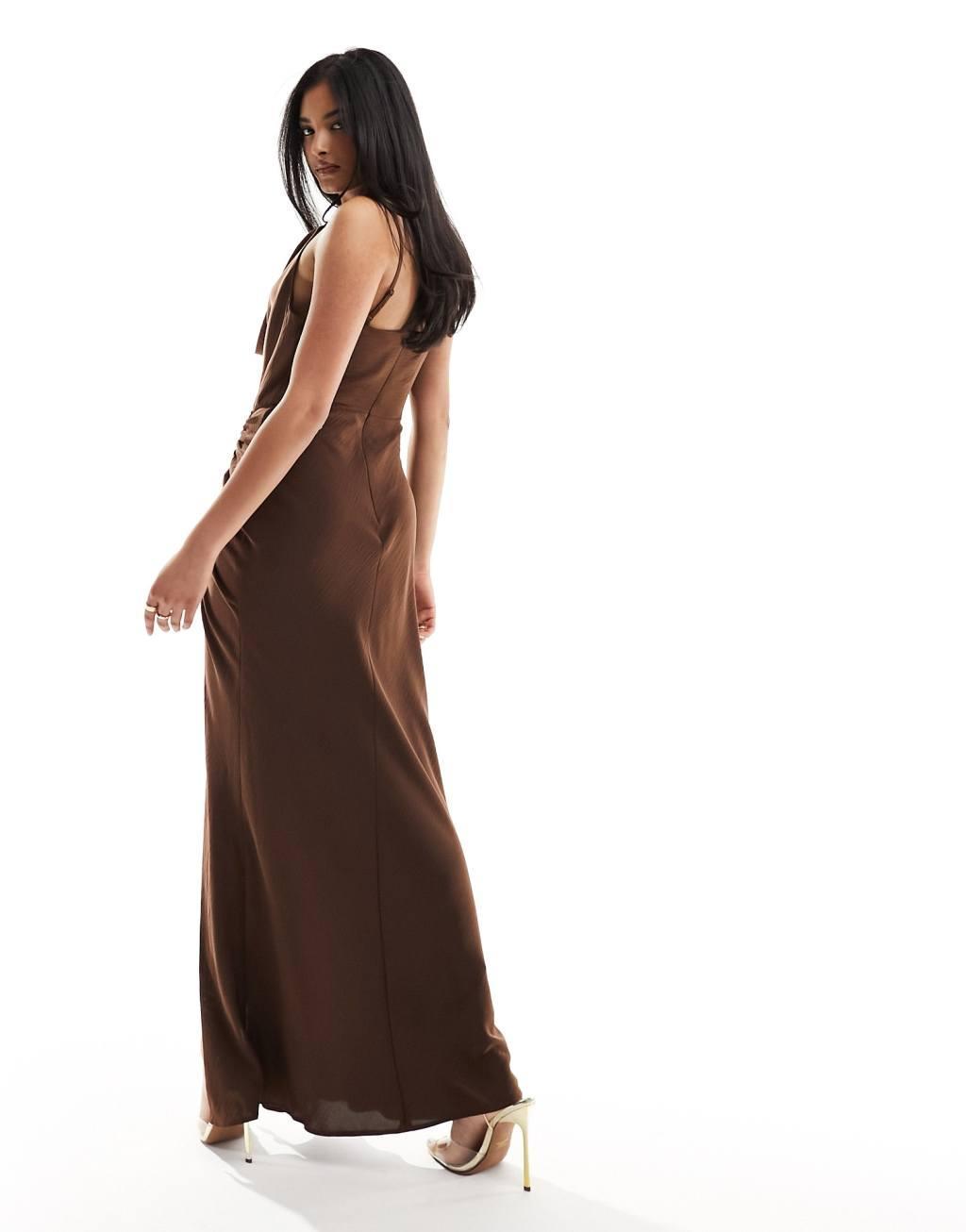 ASOS DESIGN satin cowl neck maxi dress with ruched skirt detail in brown Product Image