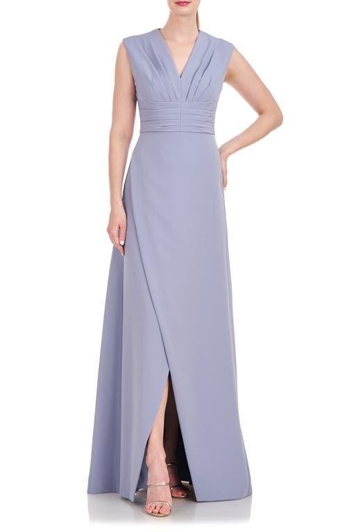 Kay Unger Stretch Crepe Pleated V-Neck Sleeveless A Line Gown Product Image