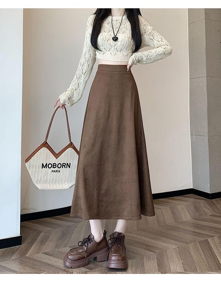 High Waist Plain Faux Suede Midi A-Line Skirt Product Image