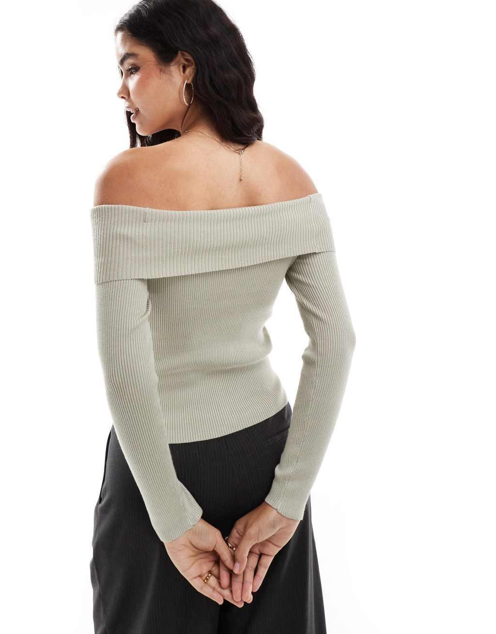 Vero Moda off shoulder knitted top in stone Product Image