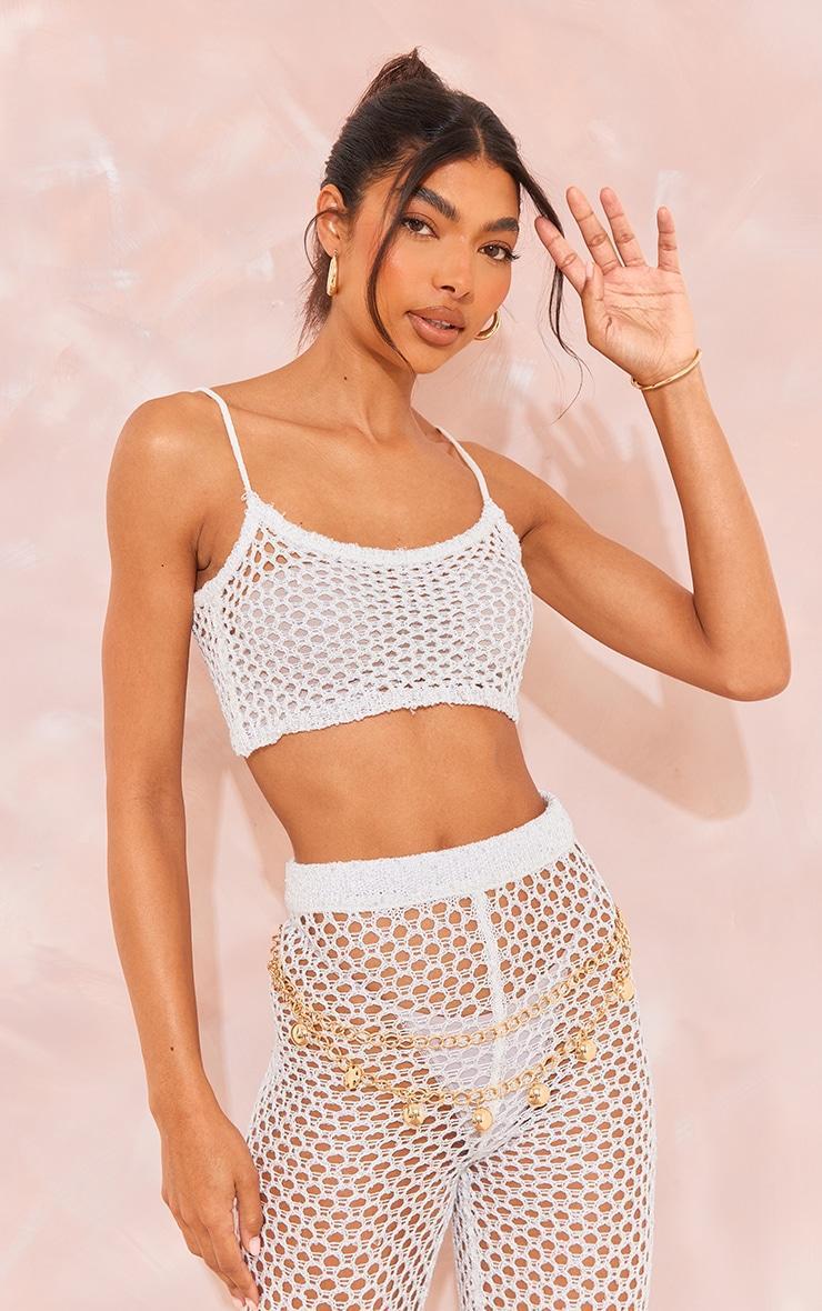  Tall White Sequin Strappy Fishnet Crop Top Product Image