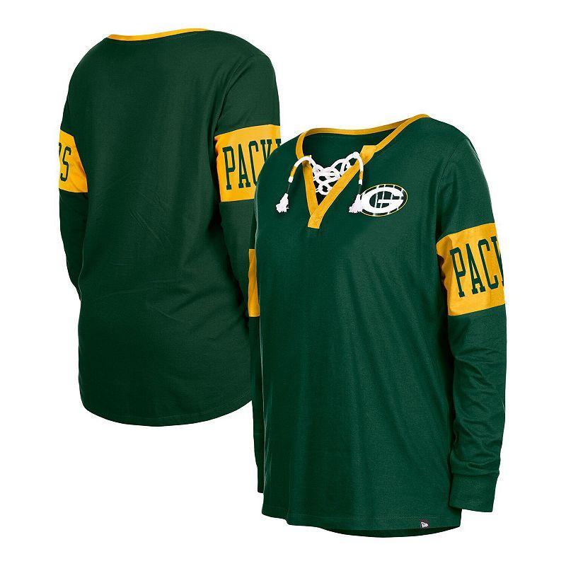 Womens New Era Green Green Bay Packers Lace-Up Notch Neck Long Sleeve T-shirt Product Image