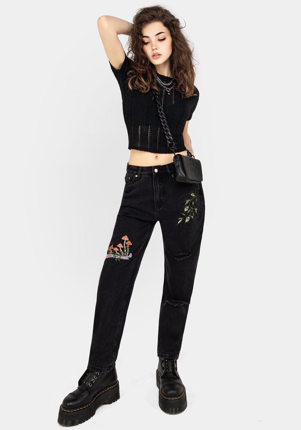 Swamplife Frog Embroidered Distressed Mom Jeans Product Image