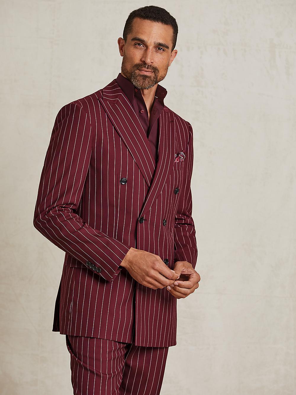 Wool Stretch Stripe Double Breasted Peak Lapel Suit - Burgundy Product Image