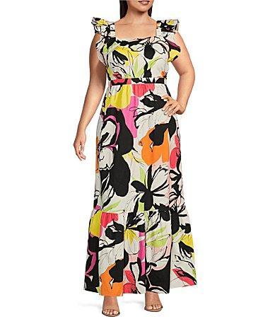 London Times Plus Size Ruffle Sleeve Square Neck Floral Maxi A Product Image