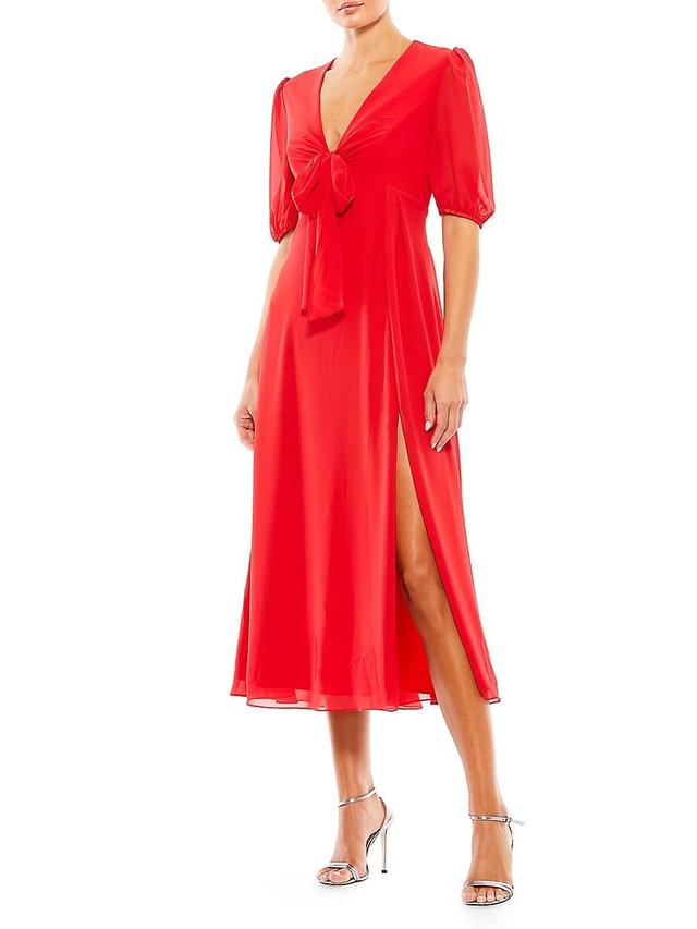 Womens V-Neck Bow Split-Hem Knee-Length A-Line Midi-Dress Product Image