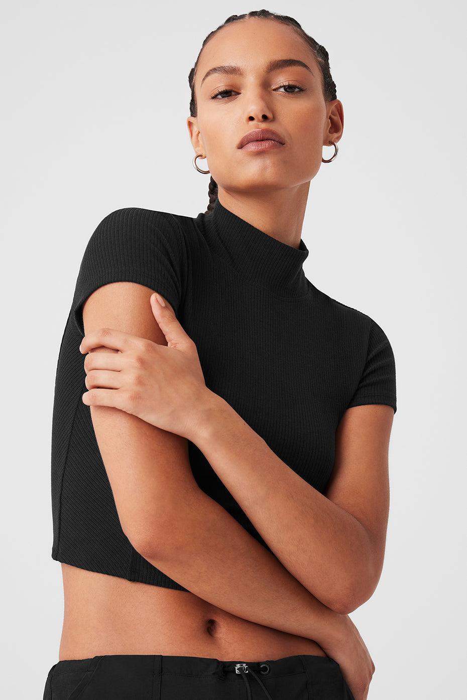 Wellness Rib Mock Neck Polished Short Sleeve - Black Female Product Image