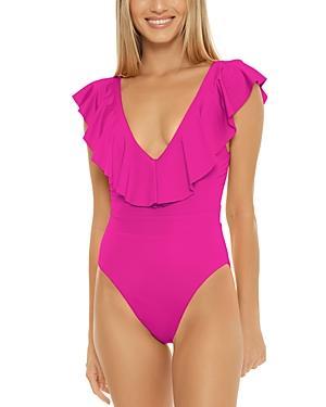 Trina Turk Monaco Solid Ruffle Plunge V-Neck One Piece Swimsuit Product Image