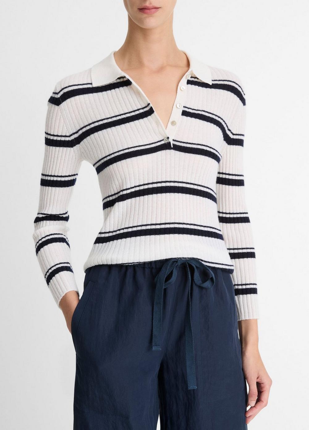 Womens Striped Cashmere-Blend Polo Sweater, Coastal Blue/off White, Size L Vince Product Image