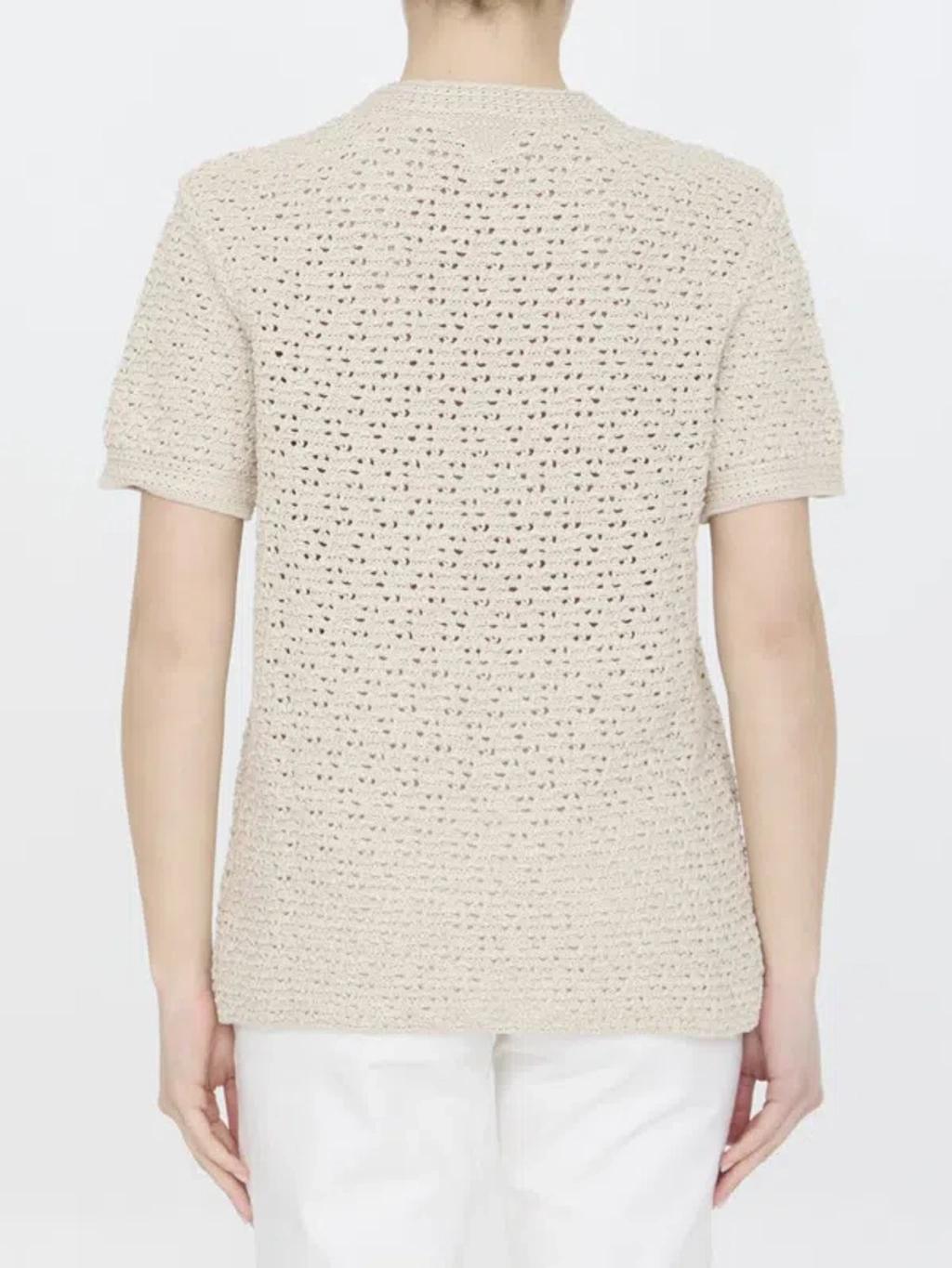 Crochet-knit Cotton T-shirt In Beige Product Image