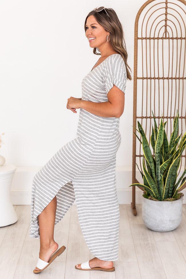 Set Yourself Free Grey/White Striped Maxi T-Shirt Dress Product Image