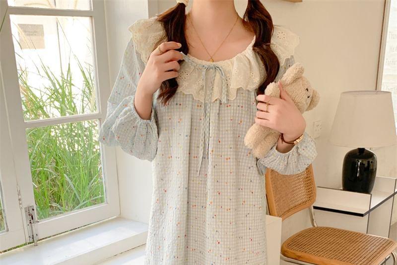 Puff-Sleeve Plaid Lace Trim Pajama Dress Product Image