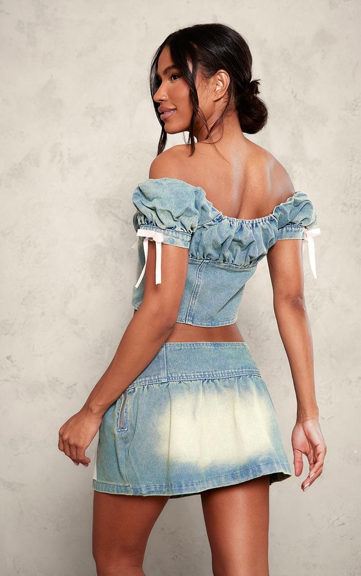 Light Blue Detail Bows Denim Milkmaid Crop Top Product Image