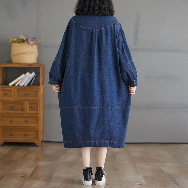 Puff-Sleeve Henley Denim Midi Shirt Dress Product Image