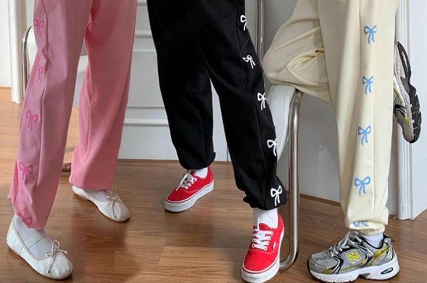 Elastic Waist Bow Print Sweatpants Product Image