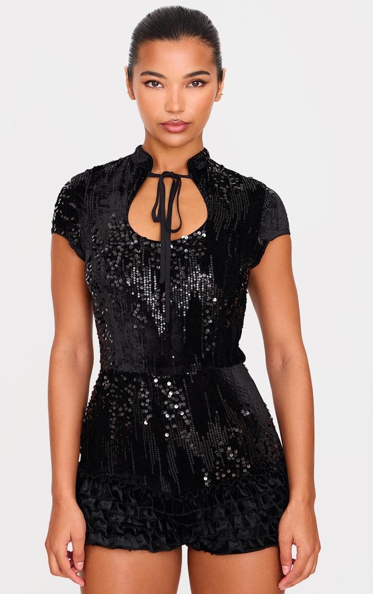 Black Velvet Sequin Key Hole Bloomer Romper product image