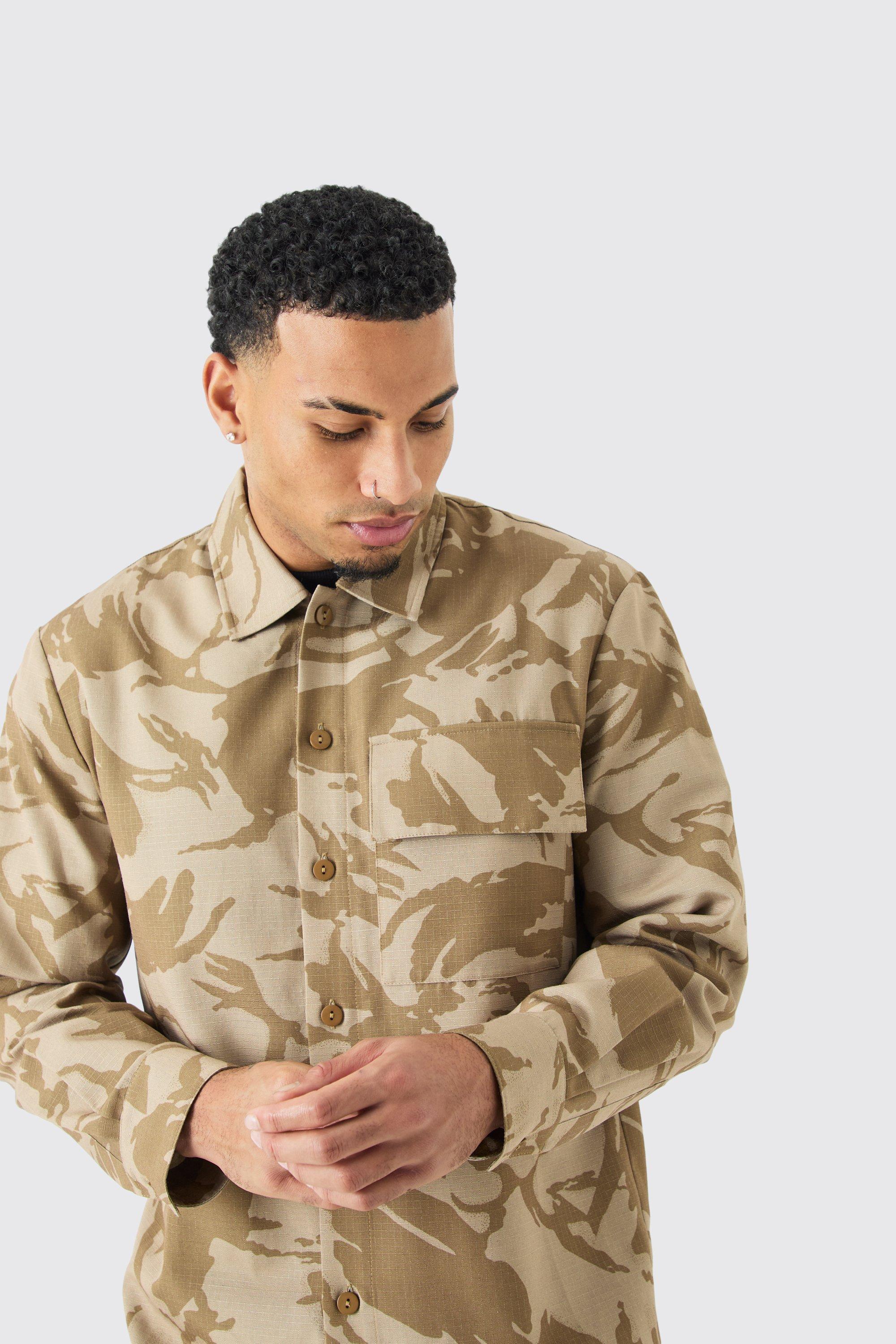 Regular Long Sleeve Ripstop Camo Overshirt | boohooMAN USA Product Image